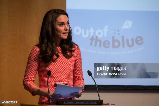 Catherine, Duchess of Cambridge speaks during the launch of maternal mental health films ahead of mother's day at Royal College of Obstetricians and...