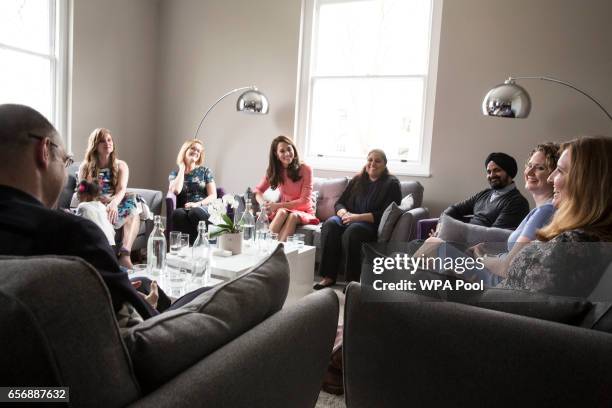 Catherine, Duchess of Cambridge sits in on a meeting with a parent support group at the launch of maternal mental health films ahead of mother's day...