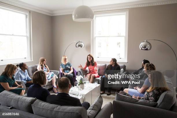 Catherine, Duchess of Cambridge sits in on a meeting with a parent support group at the launch of maternal mental health films ahead of mother's day...