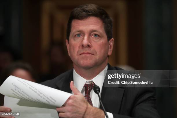 Jay Claton testifies before the Senate Banking Committee during his confirmation hearing to be chairman of the Securities and Exchange Commission in...