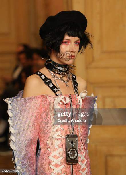 Model presents a creation by fashion designer Deniz Berdan during Mercedes-Benz Fashion Week Istanbul at Grand Pera in Istanbul, Turkey on March 23,...