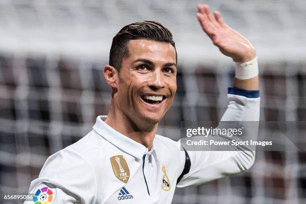 Cristiano Ronaldo of Real Madrid celebrates during their La Liga match between Real Madrid and Real Betis at the Santiago Bernabeu Stadium on 12...