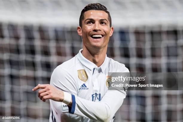 Cristiano Ronaldo of Real Madrid celebrates during their La Liga match between Real Madrid and Real Betis at the Santiago Bernabeu Stadium on 12...