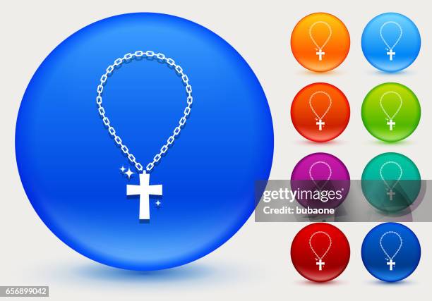 cross chain icon on shiny color circle buttons - cross necklace stock illustrations
