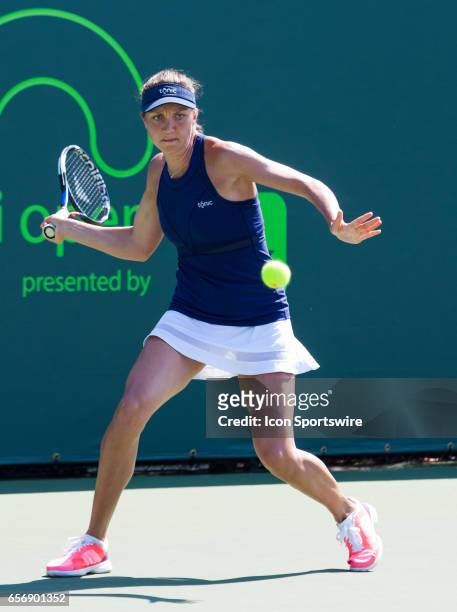Patricia Maria Tig in action during the Miami Open on March 22 at the Tennis Center at Crandon Park in Key Biscayne, FL.