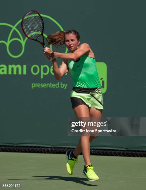 Annika Beck in action during the Miami Open on March 22 at the Tennis Center at Crandon Park in Key Biscayne, FL.