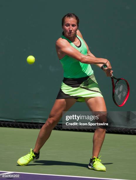 Annika Beck in action during the Miami Open on March 22 at the Tennis Center at Crandon Park in Key Biscayne, FL.