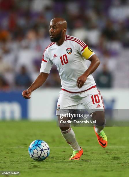 Ismail Matar of United Arab Emirates in action during the FIFA 2018 World Cup qualifying match between United Arab Emirates and Japan at Hazza Bin...
