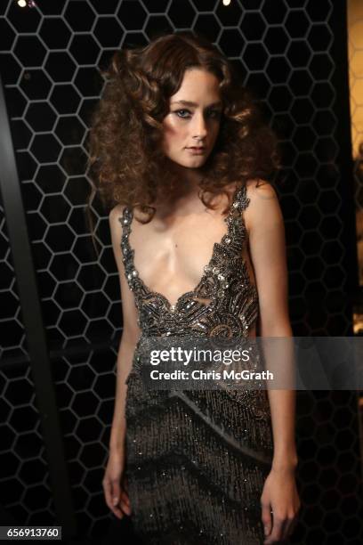 Model poses backstage ahead of the Tuvanam show during Mercedes-Benz Istanbul Fashion Week March 2017 at Grand Pera on March 23, 2017 in Istanbul,...