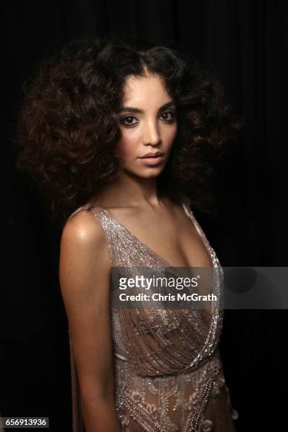 Model poses backstage ahead of the Tuvanam show during Mercedes-Benz Istanbul Fashion Week March 2017 at Grand Pera on March 23, 2017 in Istanbul,...