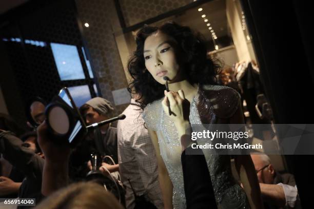 Model backstage ahead of the Tuvanam show during Mercedes-Benz Istanbul Fashion Week March 2017 at Grand Pera on March 23, 2017 in Istanbul, Turkey.