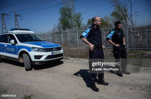 Members of the German federal police on patrol along the Bulgaria - Turkish border, near Kapitan Andreevo border crossing point, some 280 km east the...