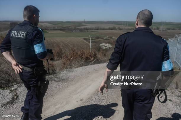 Members of the German federal police on patrol along the Bulgaria - Turkish border, near Kapitan Andreevo border crossing point, some 280 km east the...