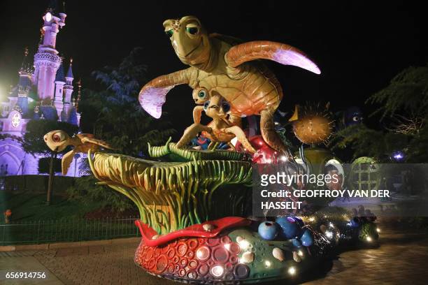 Disney Stars on parade float takes part in a night rehearsal on March 20, 2017 ahead of celebrations marking the 25th anniversary of the Disneyland...