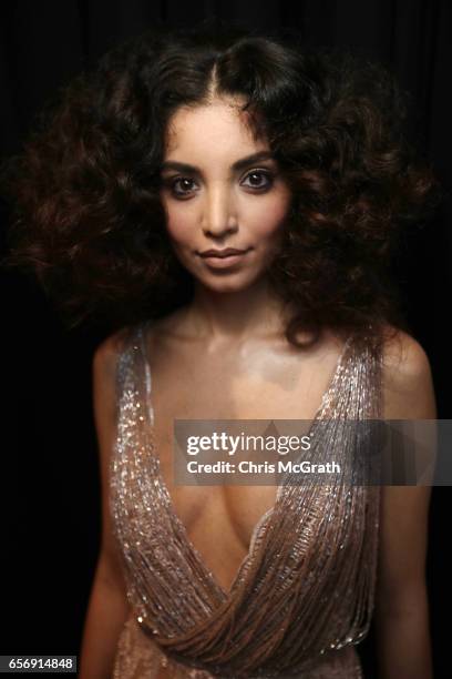 Model poses backstage ahead of the Tuvanam show during Mercedes-Benz Istanbul Fashion Week March 2017 at Grand Pera on March 23, 2017 in Istanbul,...