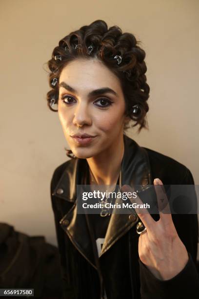 Model backstage ahead of the Tuvanam show during Mercedes-Benz Istanbul Fashion Week March 2017 at Grand Pera on March 23, 2017 in Istanbul, Turkey.