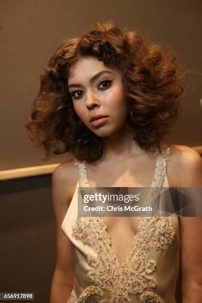 Model backstage ahead of the Tuvanam show during Mercedes-Benz Istanbul Fashion Week March 2017 at Grand Pera on March 23, 2017 in Istanbul, Turkey.