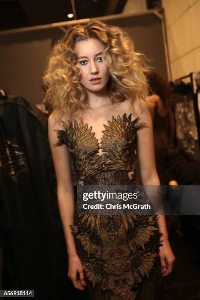 Model backstage ahead of the Tuvanam show during Mercedes-Benz Istanbul Fashion Week March 2017 at Grand Pera on March 23, 2017 in Istanbul, Turkey.