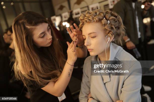 Model backstage ahead of the Tuvanam show during Mercedes-Benz Istanbul Fashion Week March 2017 at Grand Pera on March 23, 2017 in Istanbul, Turkey.