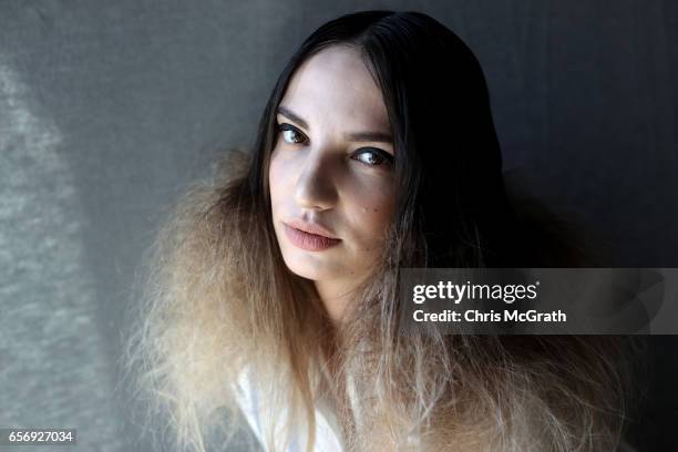 Model poses backstage ahead of the Mert Erkan show during Mercedes-Benz Istanbul Fashion Week March 2017 at Grand Pera on March 23, 2017 in Istanbul,...