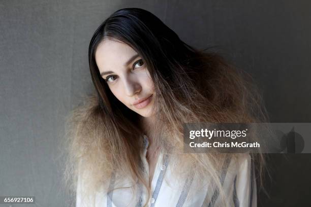 Model poses backstage ahead of the Mert Erkan show during Mercedes-Benz Istanbul Fashion Week March 2017 at Grand Pera on March 23, 2017 in Istanbul,...