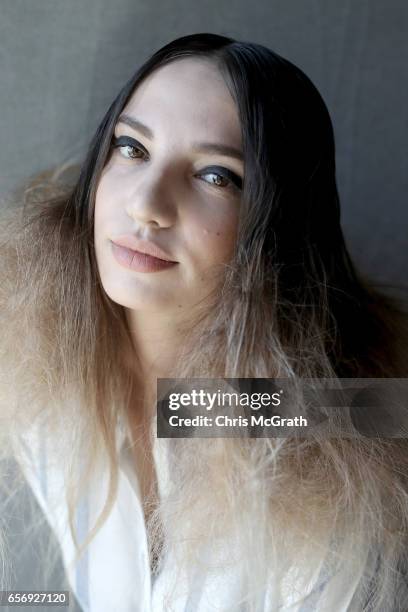 Model poses backstage ahead of the Mert Erkan show during Mercedes-Benz Istanbul Fashion Week March 2017 at Grand Pera on March 23, 2017 in Istanbul,...