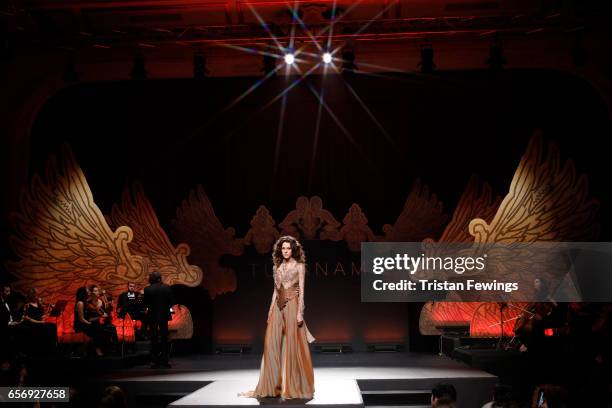 Model walks the runway at the Tuvanam show during Mercedes-Benz Istanbul Fashion Week March 2017 at Grand Pera on March 23, 2017 in Istanbul, Turkey.