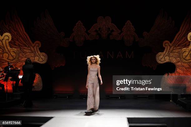 Model walks the runway at the Tuvanam show during Mercedes-Benz Istanbul Fashion Week March 2017 at Grand Pera on March 23, 2017 in Istanbul, Turkey.