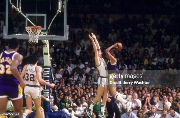 Finals: Los Angeles Lakers Byron Scott in action, shooting vs Boston Celtics Danny Ainge at Boston Garden. Game 7. Boston, MA 6/10/1984 CREDIT: Jerry...