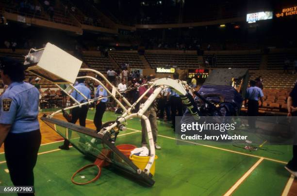 Finals: View of basket and stanchion down on court after Boston Celtics vs Los Angeles Lakers at Boston Garden. Game 7. Boston, MA 6/10/1984 CREDIT:...
