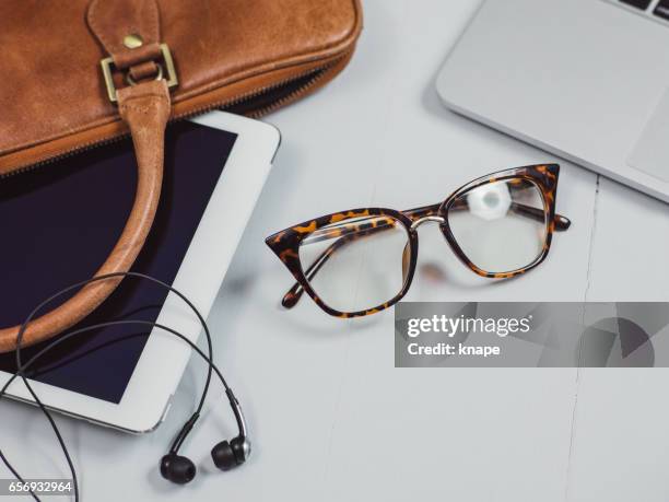 overhead business angles still life of office desk - reading glasses top view stock pictures, royalty-free photos & images