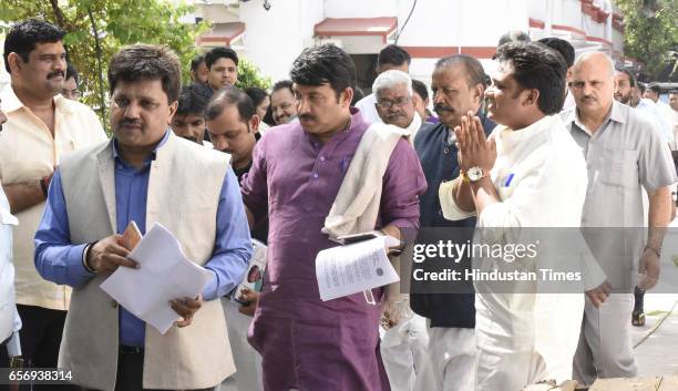 Delhi BJP President Manoj Tiwari meets with ticket secures of MCD election at Delhi BJP office on March 23, 2017 in New Delhi, India.