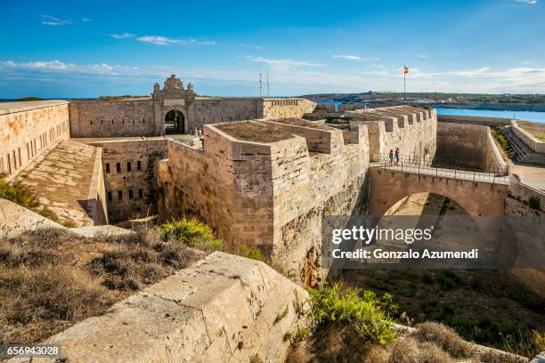 la mola fortress at mao port in minorca island - menorca stockfoto's en -beelden