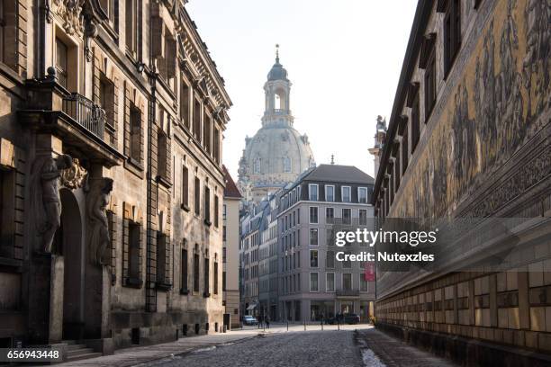 dresden, germany, with historic buildings and the fuerstenzug (procession of princes), a giant mural - dresden stock-fotos und bilder