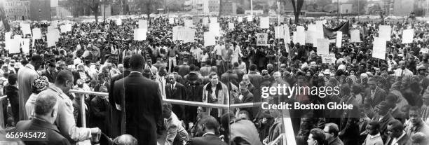 Thomas Atkins, NAACP executive secretary, addressed the crowd at the end of the March on Roxbury, a protest of racial imbalance at Boston schools,...