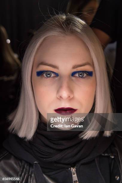 Model backstage ahead of the Hussein Bazaza show at Fashion Forward March 2017 held at the Dubai Design District on March 23, 2017 in Dubai, United...