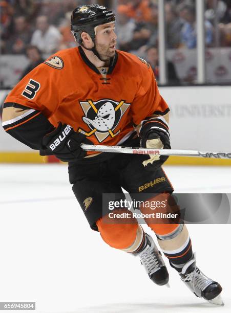 Clayton Stoner of the Anaheim Ducks plays in the game against the New York Rangers at Honda Center on March 16, 2016 in Anaheim, California.