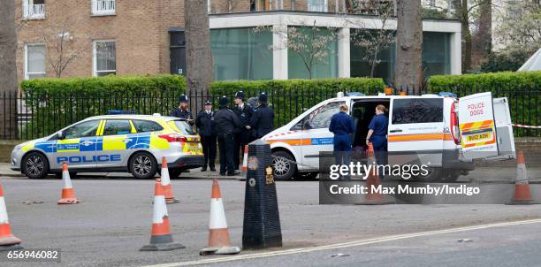 Metropolitan Police Officers and vehicles seen outside the Royal College of Obstetricians and Gynaecologists ahead of a visit by Catherine, Duchess...