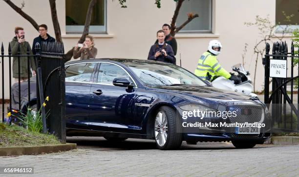 Catherine, Duchess of Cambridge arrives in her Jaguar car to attend the launch of maternal mental health films ahead of mother's day at the Royal...