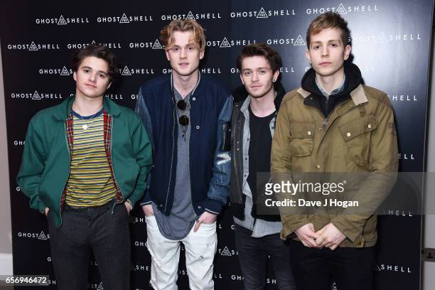 Bradley Simpson, Tristan Evans, Connor Ball and James McVey of The Vamps attend the UK gala screening of Ghost in the Shell on March 23, 2017 in...
