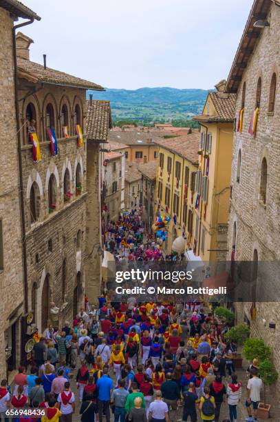 race of the candles festival. gubbio, italy. - medieval town stock pictures, royalty-free photos & images
