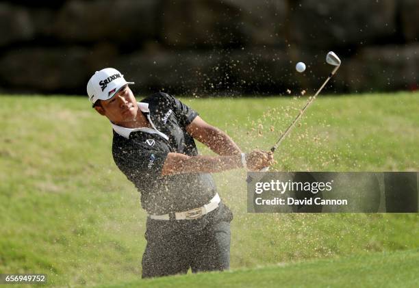 Hideki Matsuyama of Japan plays his third shot on the par 4, first hole in his match against Ross Fisher during the second round of the 2017 Dell...