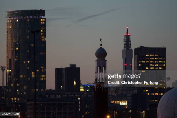 The minaret of Birmingham Central Mosque stands against the skyline of Birmingham on March 23, 2017 in Birmingham, England. After yesterday's London...