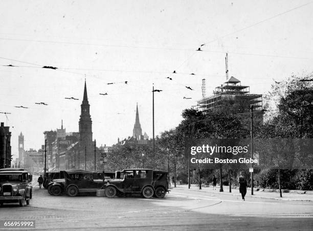 Boylston Street looking from Boston Common towards the new Ritz Carlton, Oct. 20, 1926. The spires and towers, left to right, are the Old South...