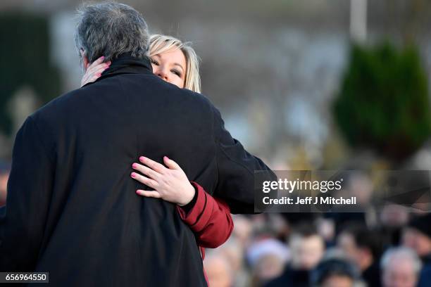 Sinn Fein Northern Ireland Leader, Michelle O'Neill and Sinn Fein President Gerry Adams attend Martin McGuinness' Funeral at the Derry City Cemetery...