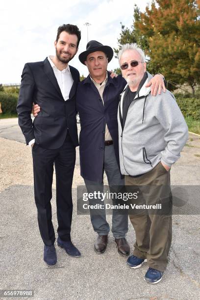 Producer Andrea Iervolino, Andy Garcia and Bobby Moresco attend On Set Of BENT By AMBI Media Groupon March 23, 2017 in Rome, Italy.