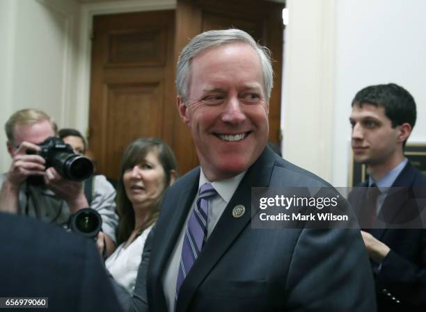 Chairman of the House Freedom Caucus Mark Meadows comes out of a closed door meeting with other members, on Capitol Hill March 23, 2017 in...