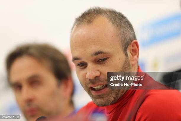 Andres Iniesta attends a press conference at the Molinon stadium in Gijon, on March 23, 2017 on the eve of the World Cup 2018 European qualifying...