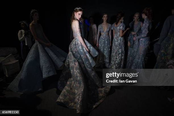 Model backstage ahead of the Michael Cinco show at Fashion Forward March 2017 held at the Dubai Design District on March 23, 2017 in Dubai, United...