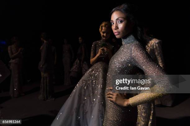 Model backstage ahead of the Michael Cinco show at Fashion Forward March 2017 held at the Dubai Design District on March 23, 2017 in Dubai, United...